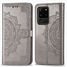 Leather Case Stands Fashionable Pattern Flip Cover Holder for Samsung Galaxy S20 Ultra Gray