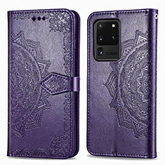 Leather Case Stands Fashionable Pattern Flip Cover Holder for Samsung Galaxy S20 Ultra Purple