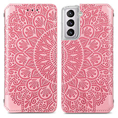 Leather Case Stands Fashionable Pattern Flip Cover Holder for Samsung Galaxy S21 FE 5G Rose Gold