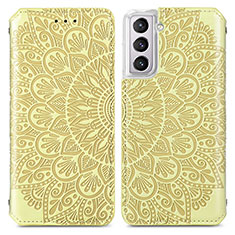 Leather Case Stands Fashionable Pattern Flip Cover Holder for Samsung Galaxy S21 FE 5G Yellow