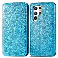 Leather Case Stands Fashionable Pattern Flip Cover Holder for Samsung Galaxy S21 Ultra 5G Blue