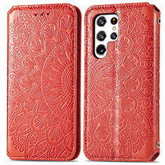 Leather Case Stands Fashionable Pattern Flip Cover Holder for Samsung Galaxy S21 Ultra 5G Red