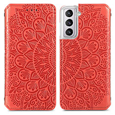 Leather Case Stands Fashionable Pattern Flip Cover Holder for Samsung Galaxy S22 5G Red