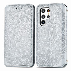 Leather Case Stands Fashionable Pattern Flip Cover Holder for Samsung Galaxy S22 Ultra 5G Gray