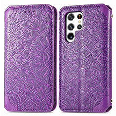 Leather Case Stands Fashionable Pattern Flip Cover Holder for Samsung Galaxy S22 Ultra 5G Purple