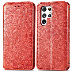 Leather Case Stands Fashionable Pattern Flip Cover Holder for Samsung Galaxy S22 Ultra 5G Red