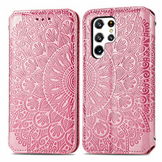 Leather Case Stands Fashionable Pattern Flip Cover Holder for Samsung Galaxy S22 Ultra 5G Rose Gold
