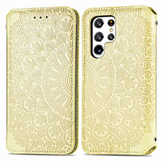 Leather Case Stands Fashionable Pattern Flip Cover Holder for Samsung Galaxy S22 Ultra 5G Yellow