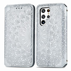 Leather Case Stands Fashionable Pattern Flip Cover Holder for Samsung Galaxy S23 Ultra 5G Gray