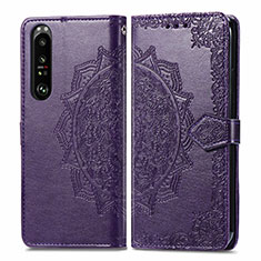 Leather Case Stands Fashionable Pattern Flip Cover Holder for Sony Xperia 1 III Purple