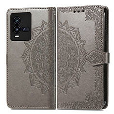 Leather Case Stands Fashionable Pattern Flip Cover Holder for Vivo iQOO 10 5G Gray