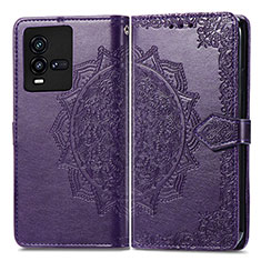 Leather Case Stands Fashionable Pattern Flip Cover Holder for Vivo iQOO 10 5G Purple