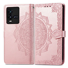 Leather Case Stands Fashionable Pattern Flip Cover Holder for Vivo iQOO 10 5G Rose Gold