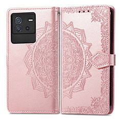 Leather Case Stands Fashionable Pattern Flip Cover Holder for Vivo iQOO Neo6 5G Rose Gold