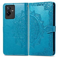 Leather Case Stands Fashionable Pattern Flip Cover Holder for Vivo T2x 5G Blue