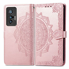 Leather Case Stands Fashionable Pattern Flip Cover Holder for Vivo X70 5G Rose Gold