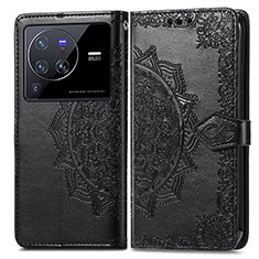 Leather Case Stands Fashionable Pattern Flip Cover Holder for Vivo X80 Pro 5G Black