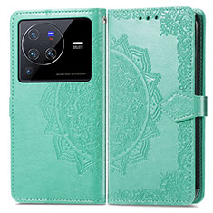 Leather Case Stands Fashionable Pattern Flip Cover Holder for Vivo X80 Pro 5G Green