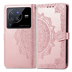 Leather Case Stands Fashionable Pattern Flip Cover Holder for Vivo X80 Pro 5G Rose Gold