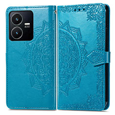 Leather Case Stands Fashionable Pattern Flip Cover Holder for Vivo Y22 Blue