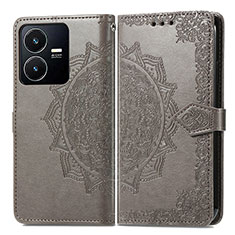 Leather Case Stands Fashionable Pattern Flip Cover Holder for Vivo Y22s Gray