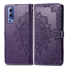 Leather Case Stands Fashionable Pattern Flip Cover Holder for Vivo Y72 5G Purple