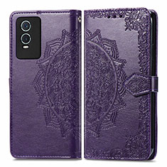 Leather Case Stands Fashionable Pattern Flip Cover Holder for Vivo Y76s 5G Purple