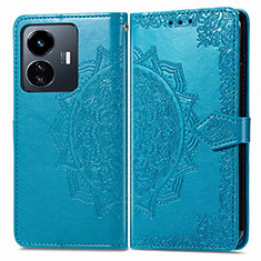 Leather Case Stands Fashionable Pattern Flip Cover Holder for Vivo Y77e 5G Blue