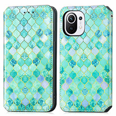 Leather Case Stands Fashionable Pattern Flip Cover Holder for Xiaomi Mi 11 5G Green
