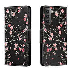 Leather Case Stands Fashionable Pattern Flip Cover Holder H01X for Samsung Galaxy S22 5G Black