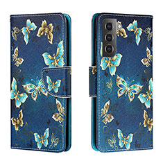 Leather Case Stands Fashionable Pattern Flip Cover Holder H01X for Samsung Galaxy S22 5G Navy Blue