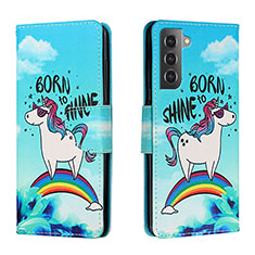 Leather Case Stands Fashionable Pattern Flip Cover Holder H01X for Samsung Galaxy S22 Plus 5G Sky Blue