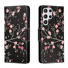 Leather Case Stands Fashionable Pattern Flip Cover Holder H01X for Samsung Galaxy S22 Ultra 5G Black