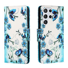 Leather Case Stands Fashionable Pattern Flip Cover Holder H01X for Samsung Galaxy S22 Ultra 5G Blue