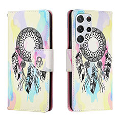 Leather Case Stands Fashionable Pattern Flip Cover Holder H01X for Samsung Galaxy S22 Ultra 5G Colorful