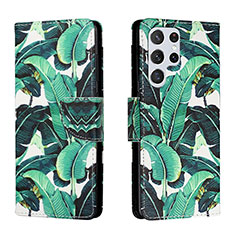 Leather Case Stands Fashionable Pattern Flip Cover Holder H01X for Samsung Galaxy S22 Ultra 5G Green