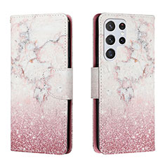 Leather Case Stands Fashionable Pattern Flip Cover Holder H01X for Samsung Galaxy S22 Ultra 5G Pink