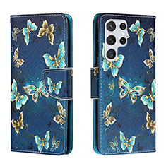 Leather Case Stands Fashionable Pattern Flip Cover Holder H01X for Samsung Galaxy S24 Ultra 5G Navy Blue