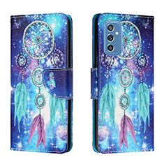 Leather Case Stands Fashionable Pattern Flip Cover Holder H02X for Samsung Galaxy M52 5G Blue