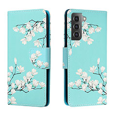 Leather Case Stands Fashionable Pattern Flip Cover Holder H02X for Samsung Galaxy S22 5G Cyan
