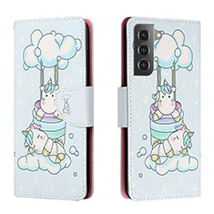 Leather Case Stands Fashionable Pattern Flip Cover Holder H02X for Samsung Galaxy S22 Plus 5G Mint Blue