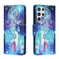 Leather Case Stands Fashionable Pattern Flip Cover Holder H02X for Samsung Galaxy S22 Ultra 5G Blue
