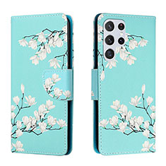 Leather Case Stands Fashionable Pattern Flip Cover Holder H02X for Samsung Galaxy S22 Ultra 5G Cyan
