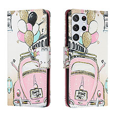 Leather Case Stands Fashionable Pattern Flip Cover Holder H02X for Samsung Galaxy S22 Ultra 5G Pink