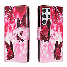 Leather Case Stands Fashionable Pattern Flip Cover Holder H02X for Samsung Galaxy S24 Ultra 5G Hot Pink