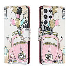 Leather Case Stands Fashionable Pattern Flip Cover Holder H02X for Samsung Galaxy S24 Ultra 5G Pink