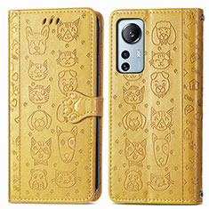 Leather Case Stands Fashionable Pattern Flip Cover Holder L01 for Xiaomi Mi 12 5G Yellow