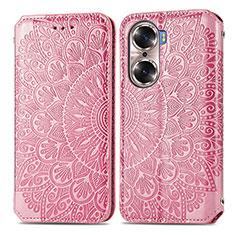 Leather Case Stands Fashionable Pattern Flip Cover Holder S01D for Huawei Honor 60 5G Rose Gold