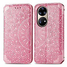 Leather Case Stands Fashionable Pattern Flip Cover Holder S01D for Huawei P50 Pro Rose Gold