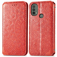 Leather Case Stands Fashionable Pattern Flip Cover Holder S01D for Motorola Moto E30 Red